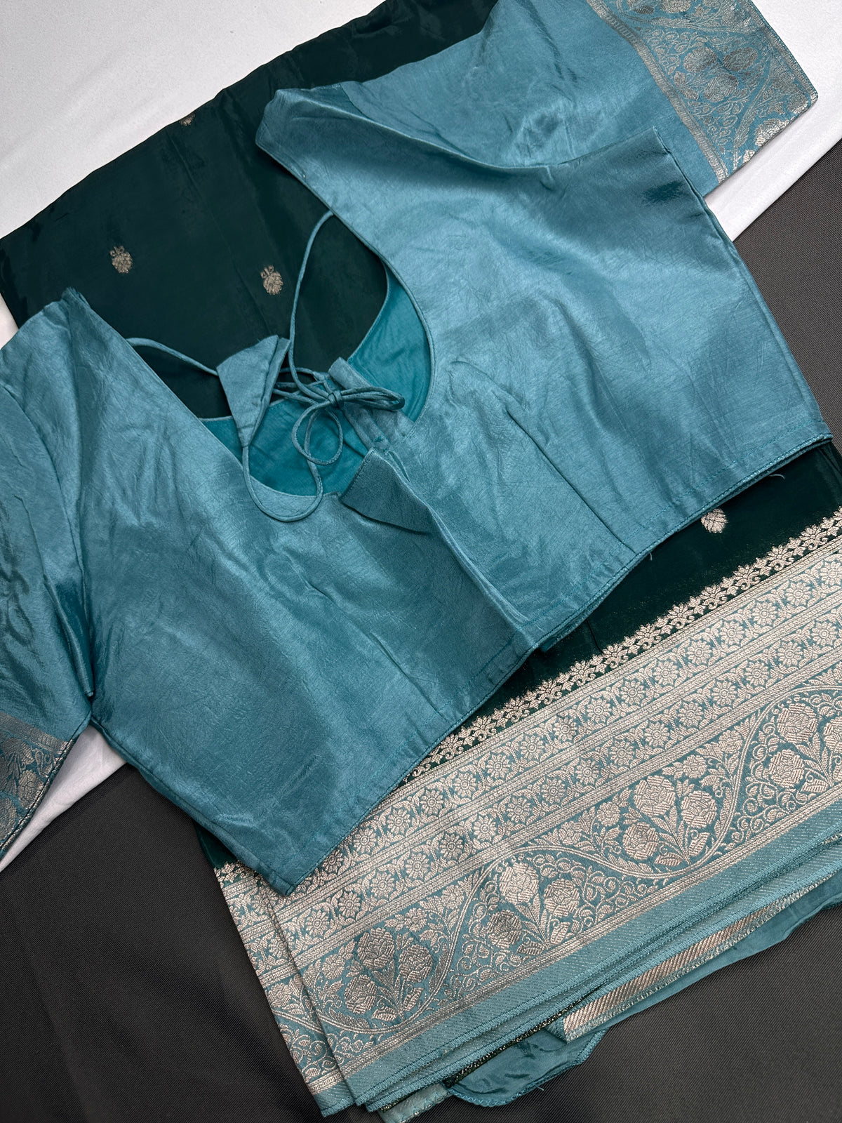 Green Blue Semi Silk Saree with Stitched Blouse - SR001088