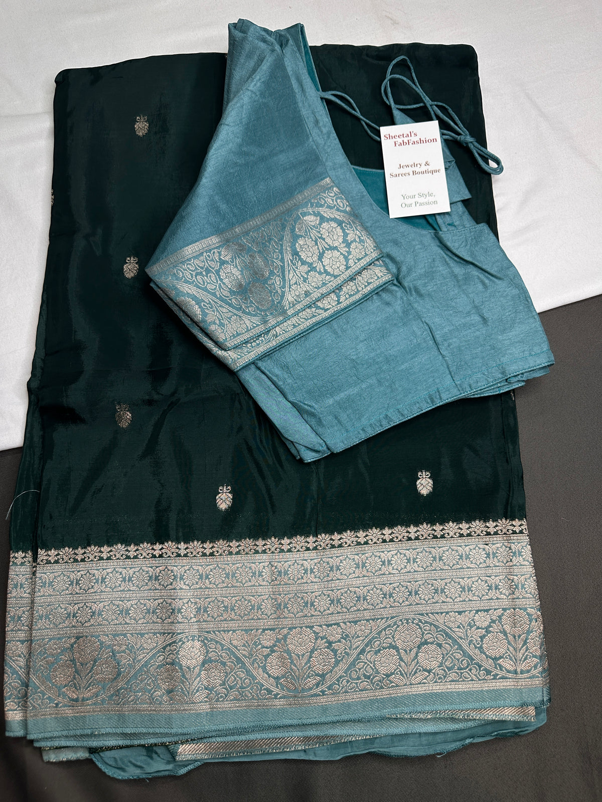 Green Blue Semi Silk Saree with Stitched Blouse - SR001088