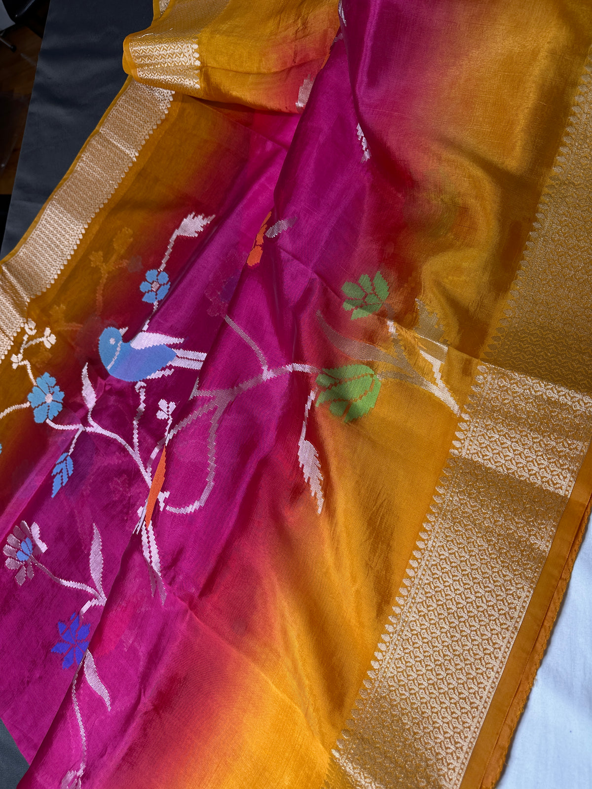 Pink Yellow Organza Tissue Jamdani Saree with Stitched Blouse - SR001089