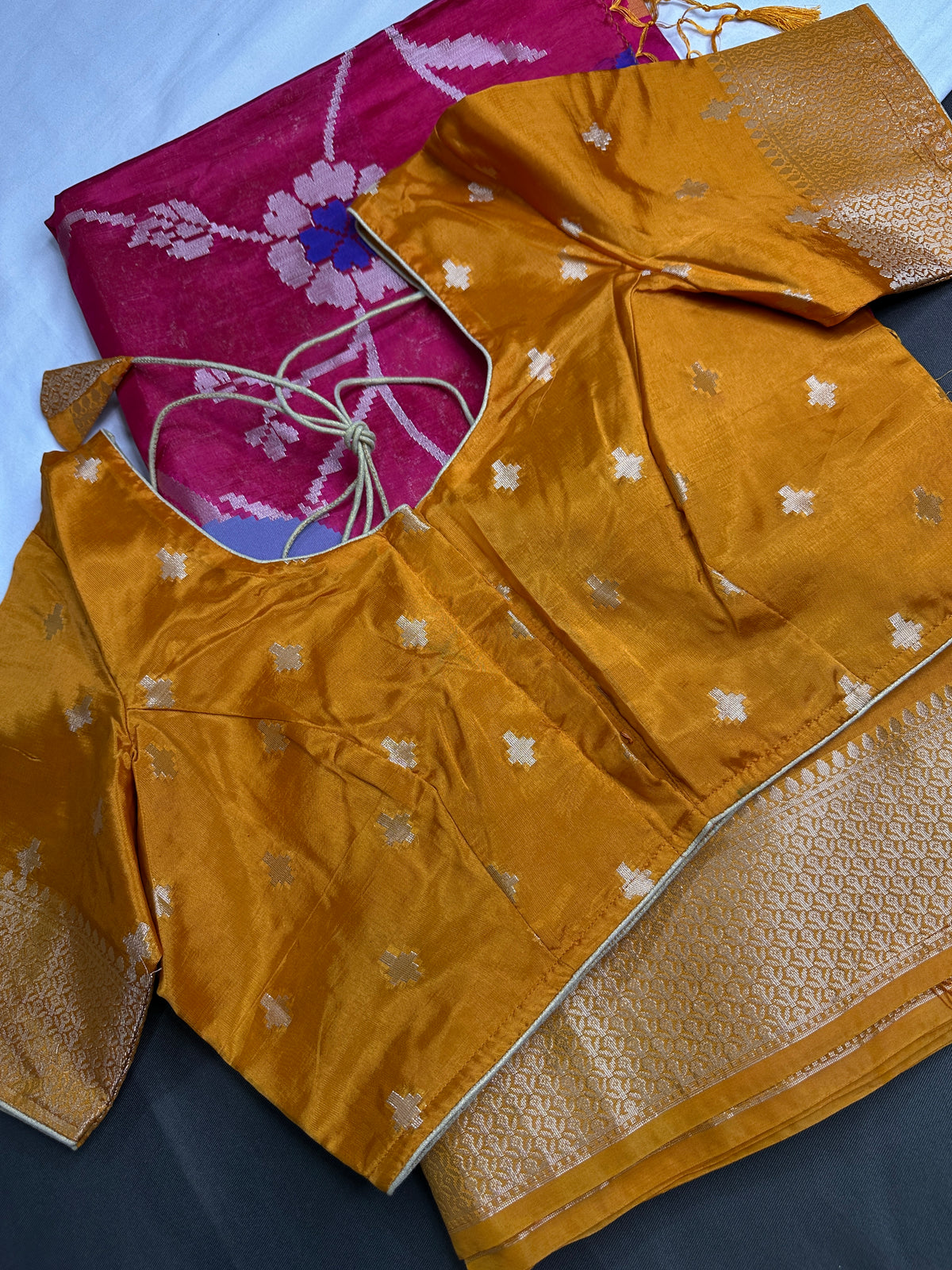 Pink Yellow Organza Tissue Jamdani Saree with Stitched Blouse - SR001089