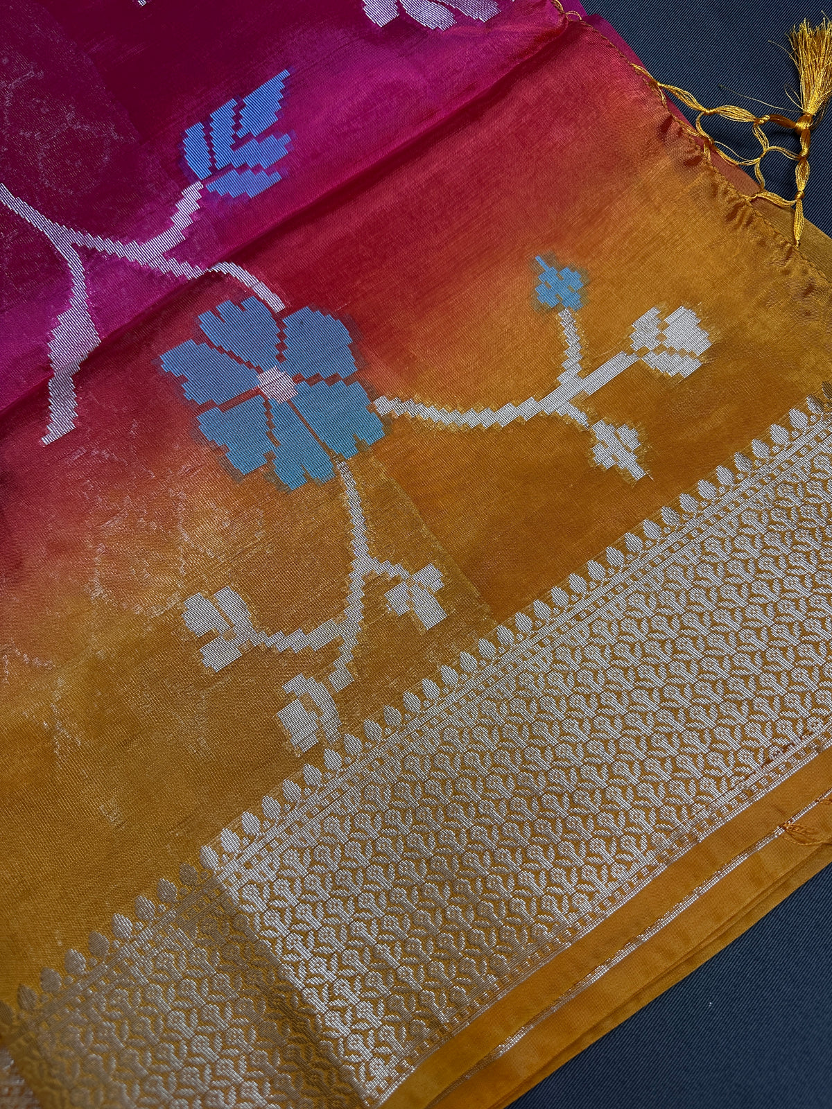 Pink Yellow Organza Tissue Jamdani Saree with Stitched Blouse - SR001089
