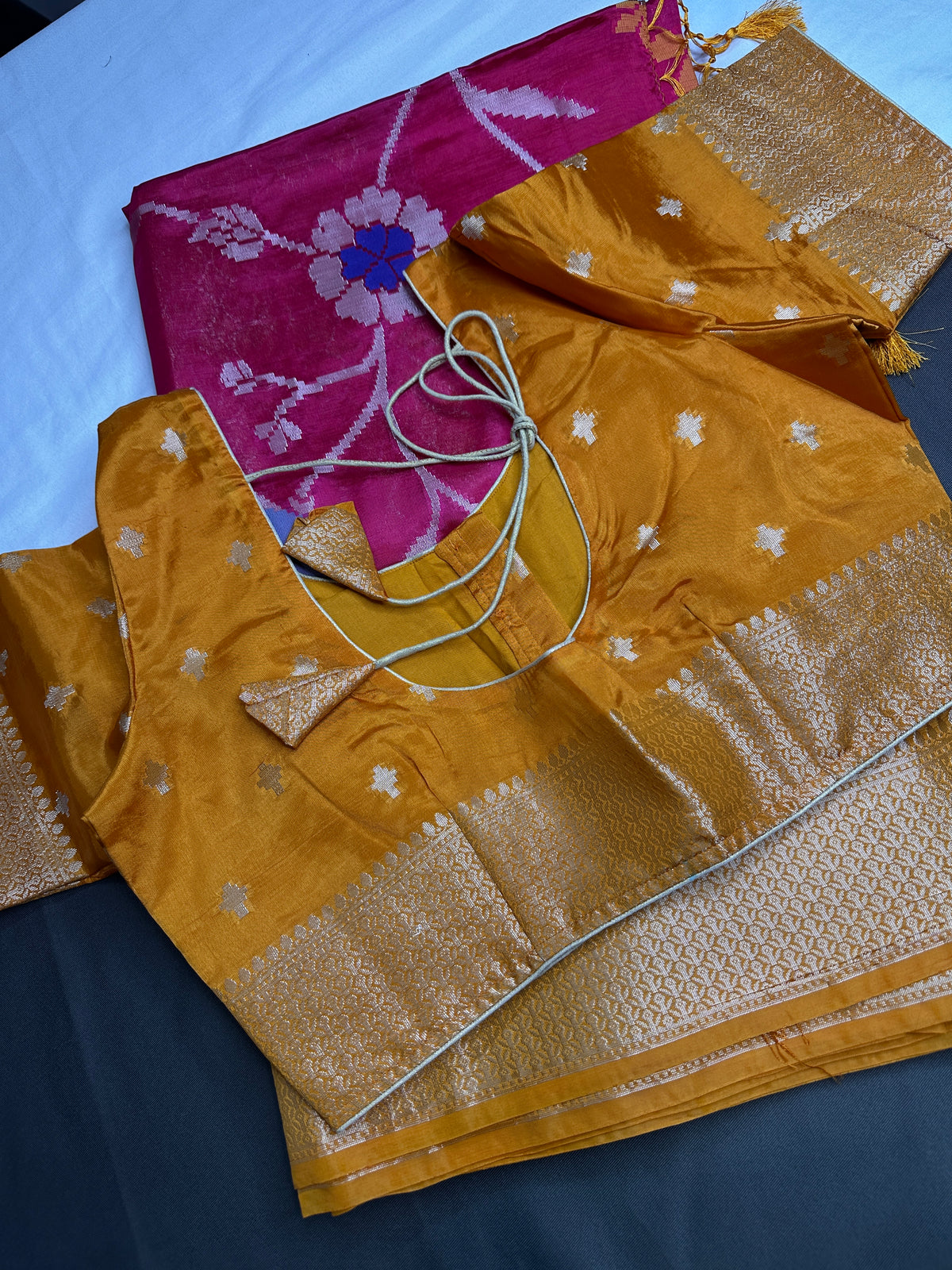 Pink Yellow Organza Tissue Jamdani Saree with Stitched Blouse - SR001089