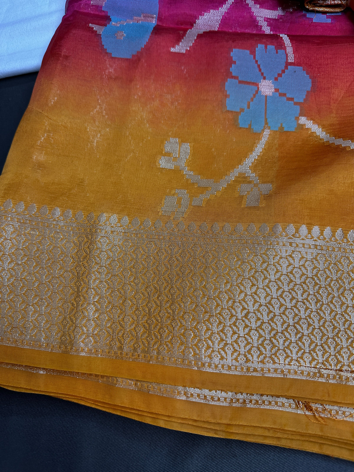 Pink Yellow Organza Tissue Jamdani Saree with Stitched Blouse - SR001089