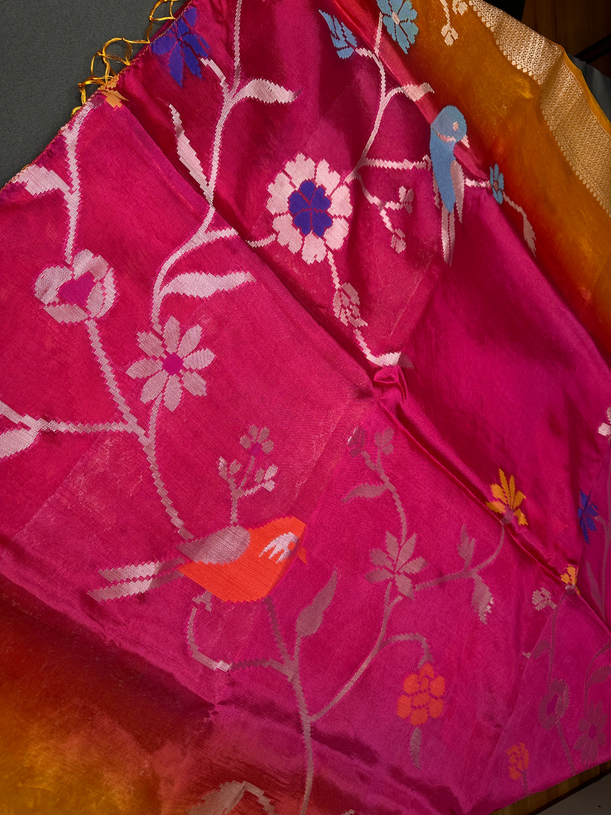 Pink Yellow Organza Tissue Jamdani Saree with Stitched Blouse - SR001089