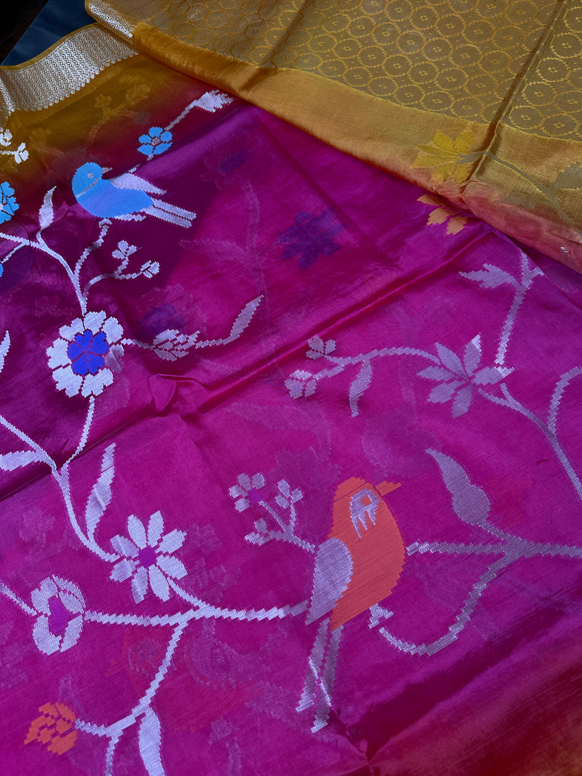 Pink Yellow Organza Tissue Jamdani Saree with Stitched Blouse - SR001089