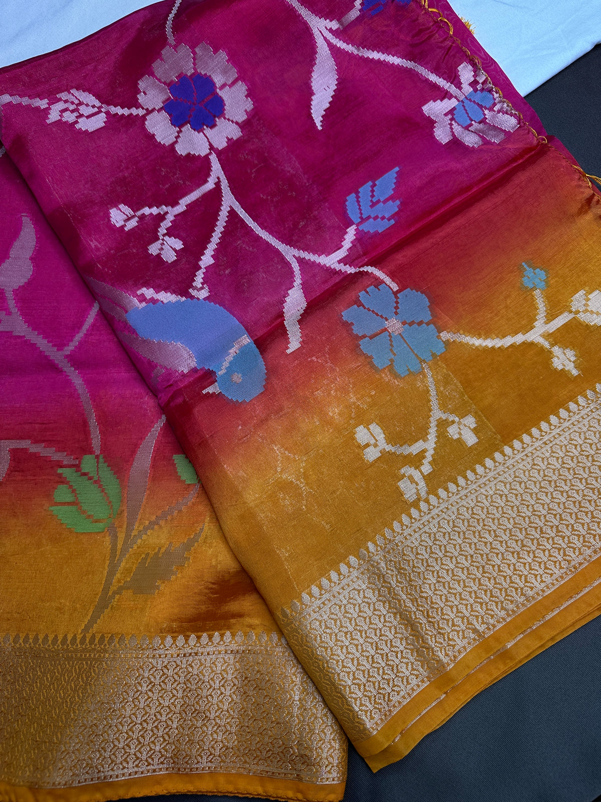 Pink Yellow Organza Tissue Jamdani Saree with Stitched Blouse - SR001089