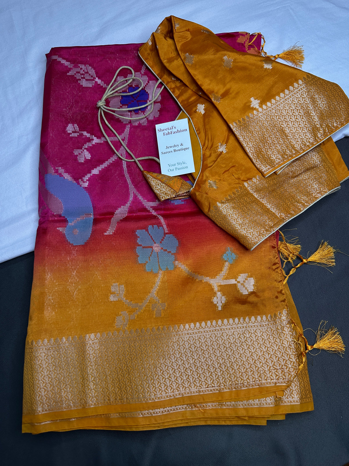 Pink Yellow Organza Tissue Jamdani Saree with Stitched Blouse - SR001089