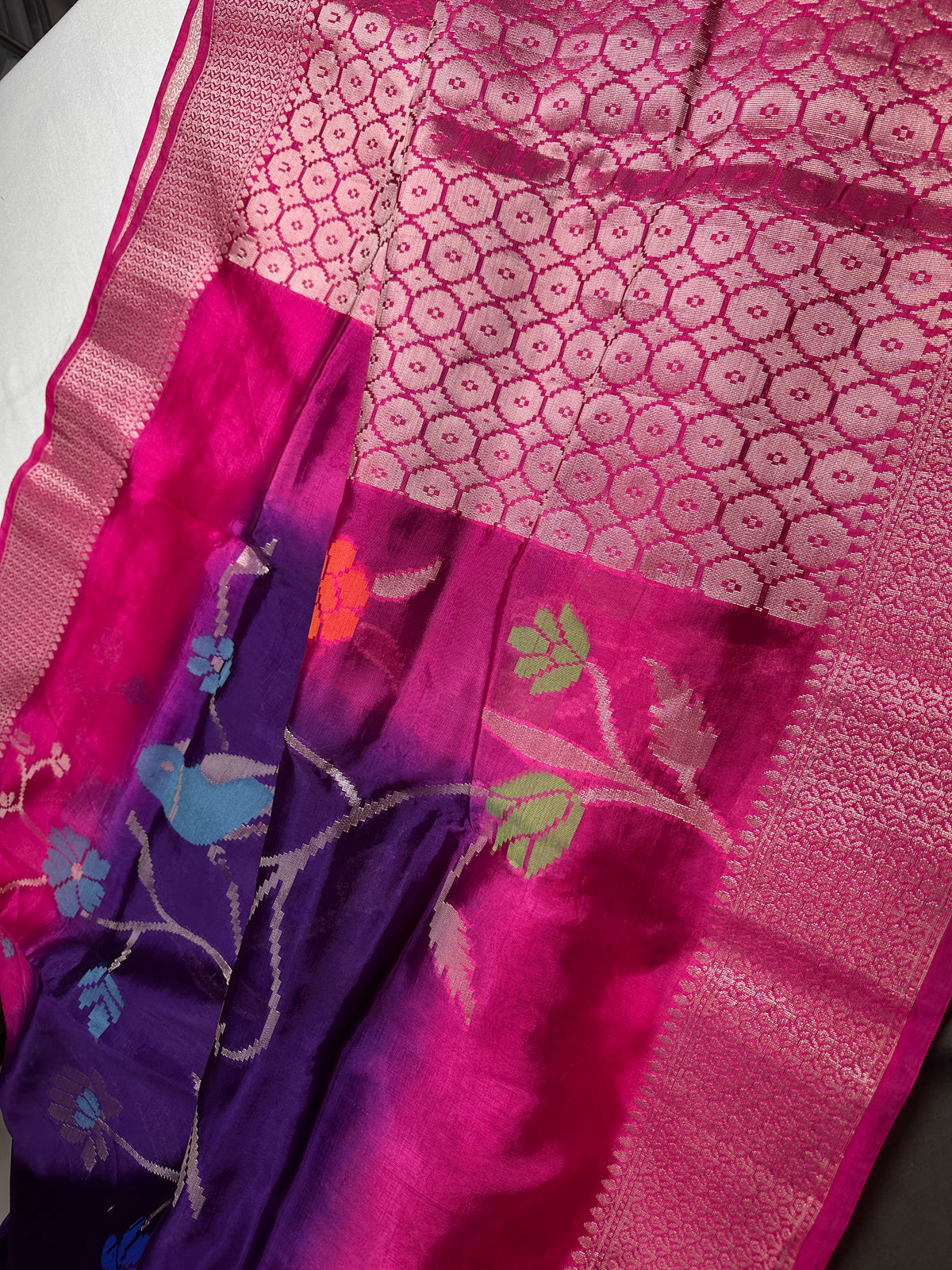 Purple Pink Organza Tissue Jamdani Saree with Stitched Blouse - SR001090