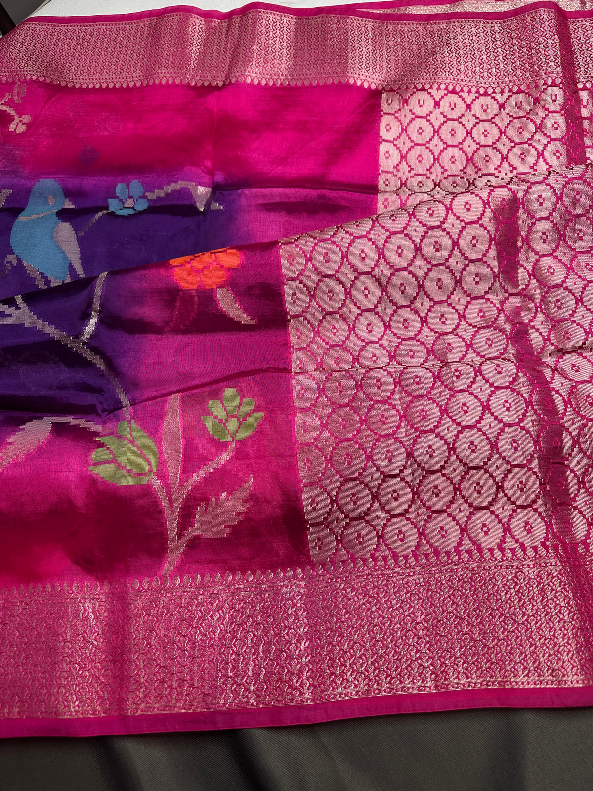 Purple Pink Organza Tissue Jamdani Saree with Stitched Blouse - SR001090