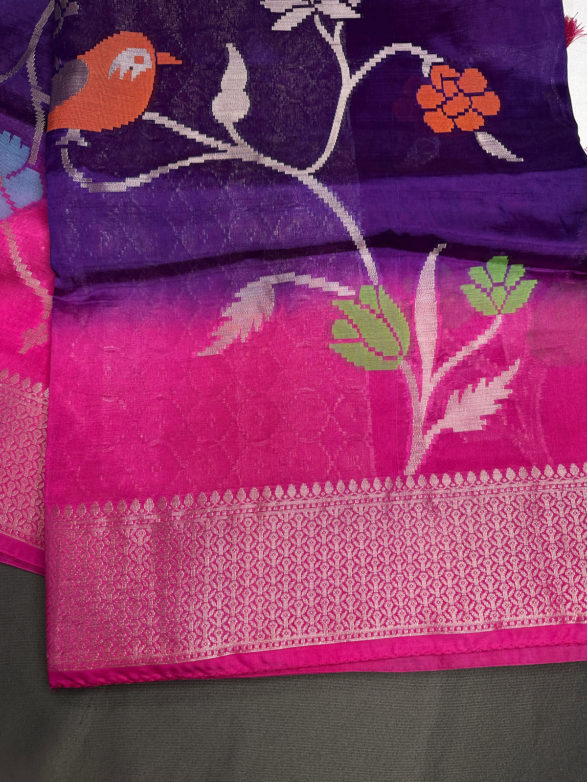Purple Pink Organza Tissue Jamdani Saree with Stitched Blouse - SR001090