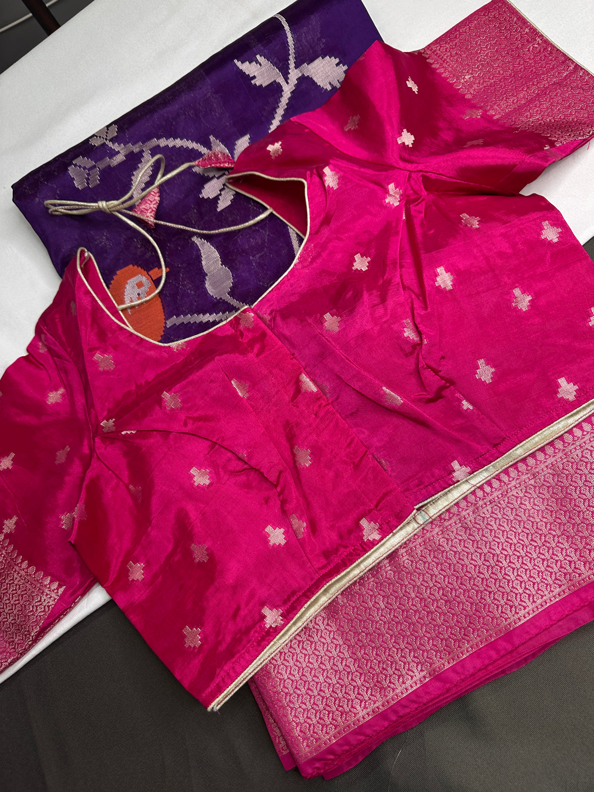 Purple Pink Organza Tissue Jamdani Saree with Stitched Blouse - SR001090