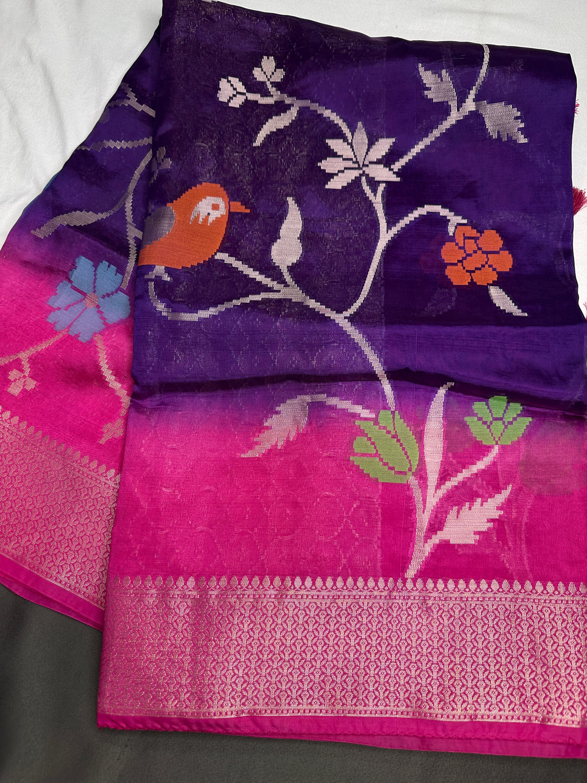 Purple Pink Organza Tissue Jamdani Saree with Stitched Blouse - SR001090
