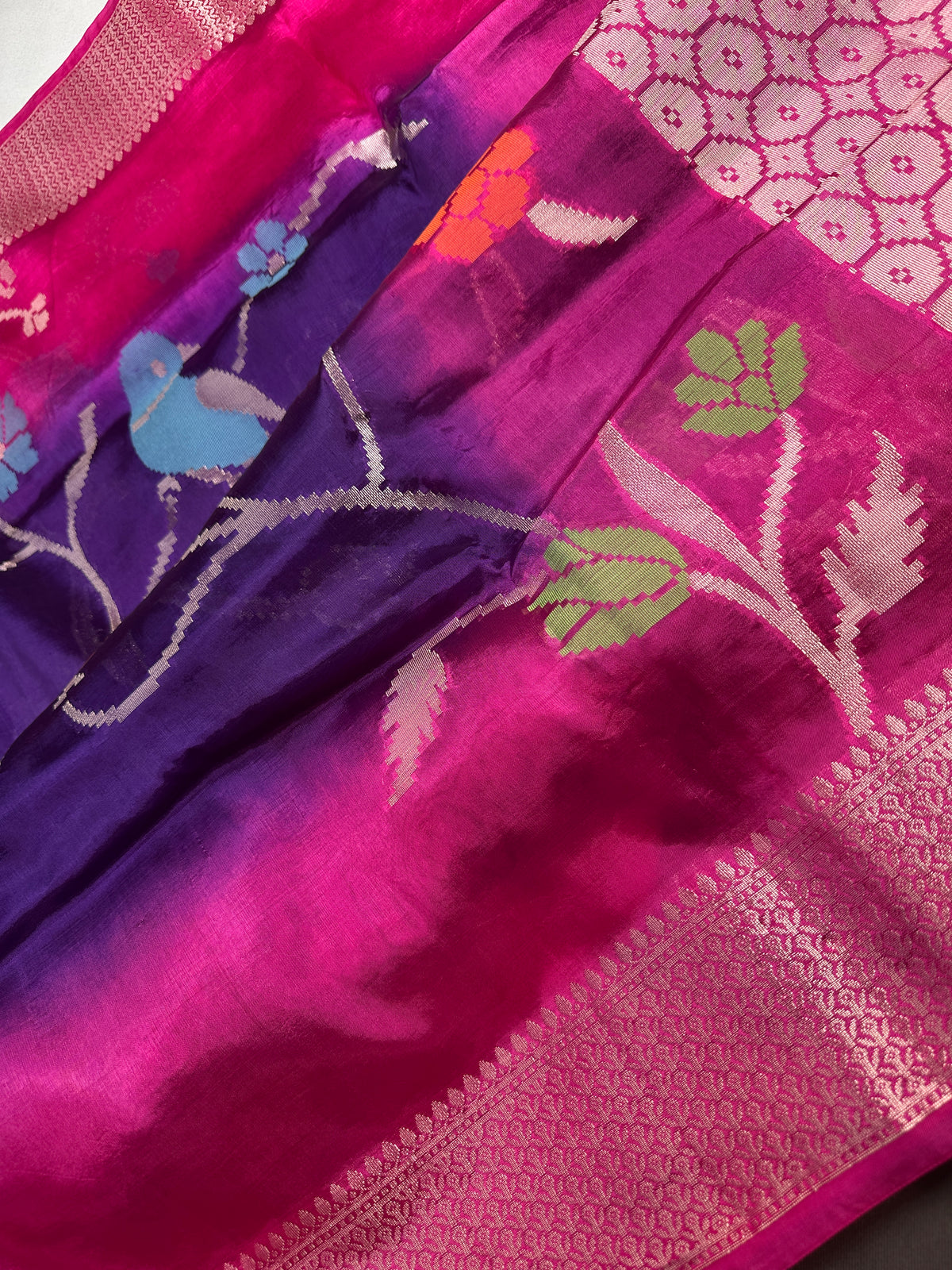 Purple Pink Organza Tissue Jamdani Saree with Stitched Blouse - SR001090