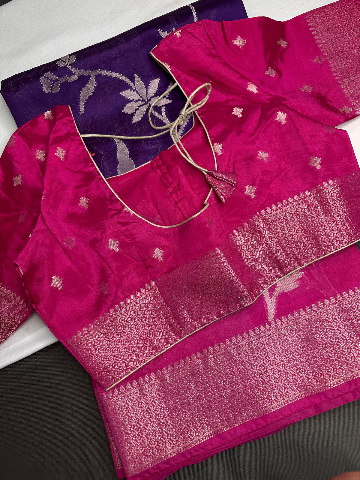 Purple Pink Organza Tissue Jamdani Saree with Stitched Blouse - SR001090