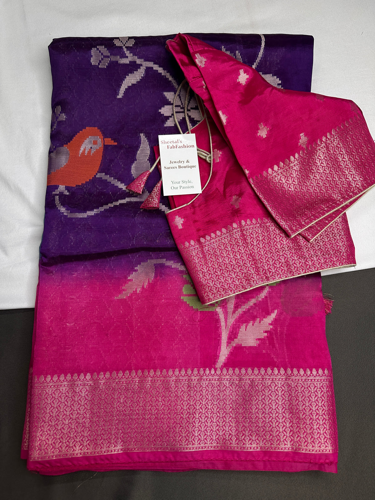 Purple Pink Organza Tissue Jamdani Saree with Stitched Blouse - SR001090
