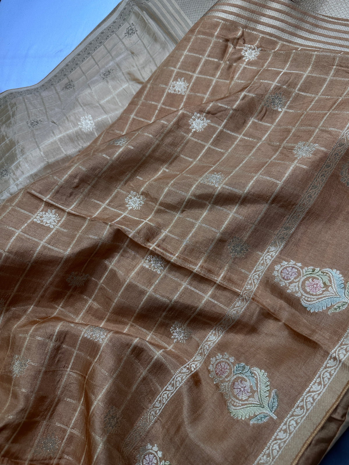 Raw Mango Brown Gold Zari Checks Saree with Stitched Blouse - SR001091