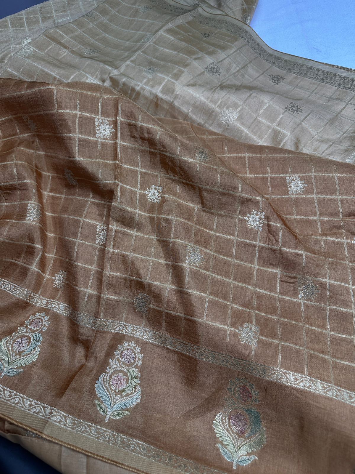 Raw Mango Brown Gold Zari Checks Saree with Stitched Blouse - SR001091