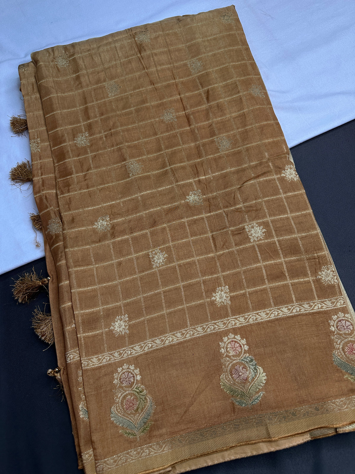 Raw Mango Brown Gold Zari Checks Saree with Stitched Blouse - SR001091