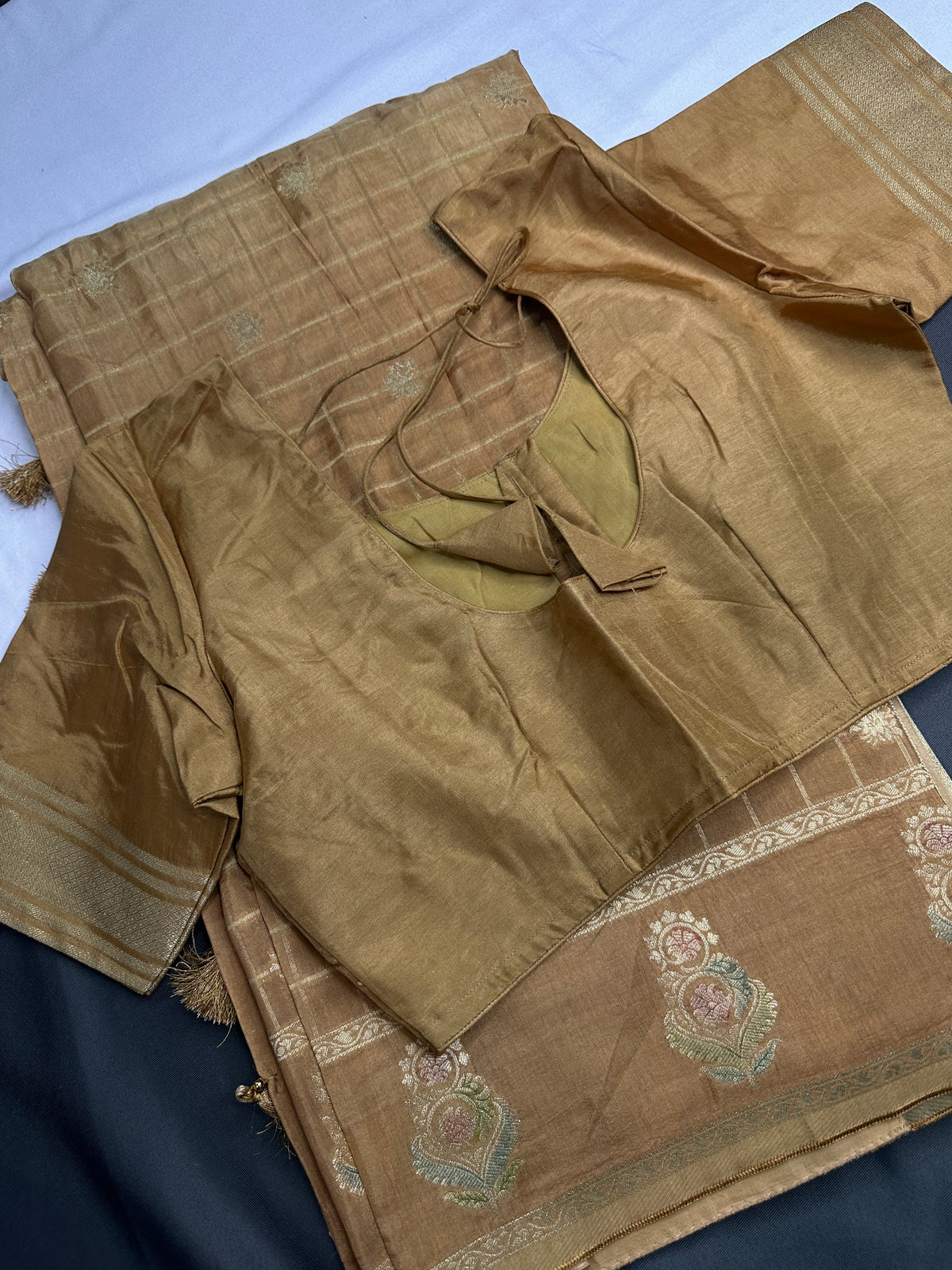 Raw Mango Brown Gold Zari Checks Saree with Stitched Blouse - SR001091
