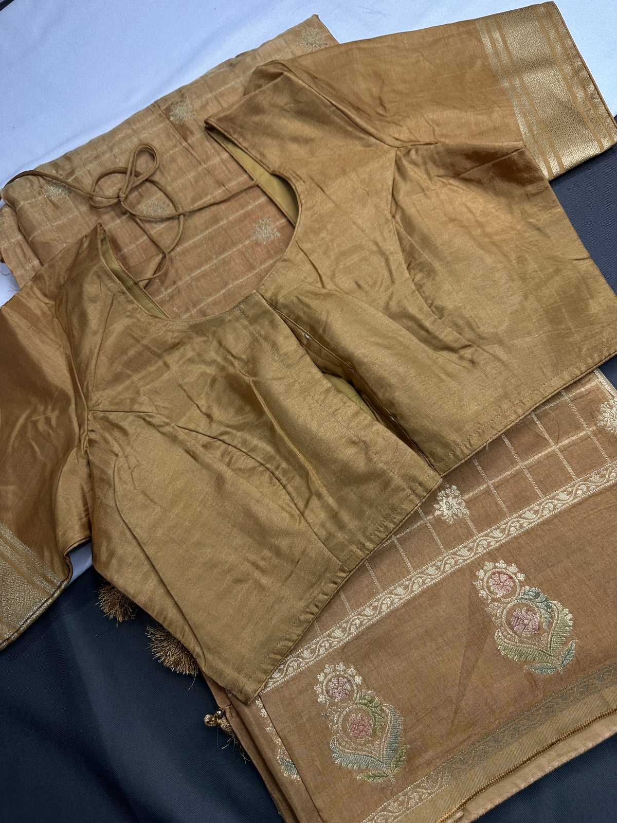 Raw Mango Brown Gold Zari Checks Saree with Stitched Blouse - SR001091