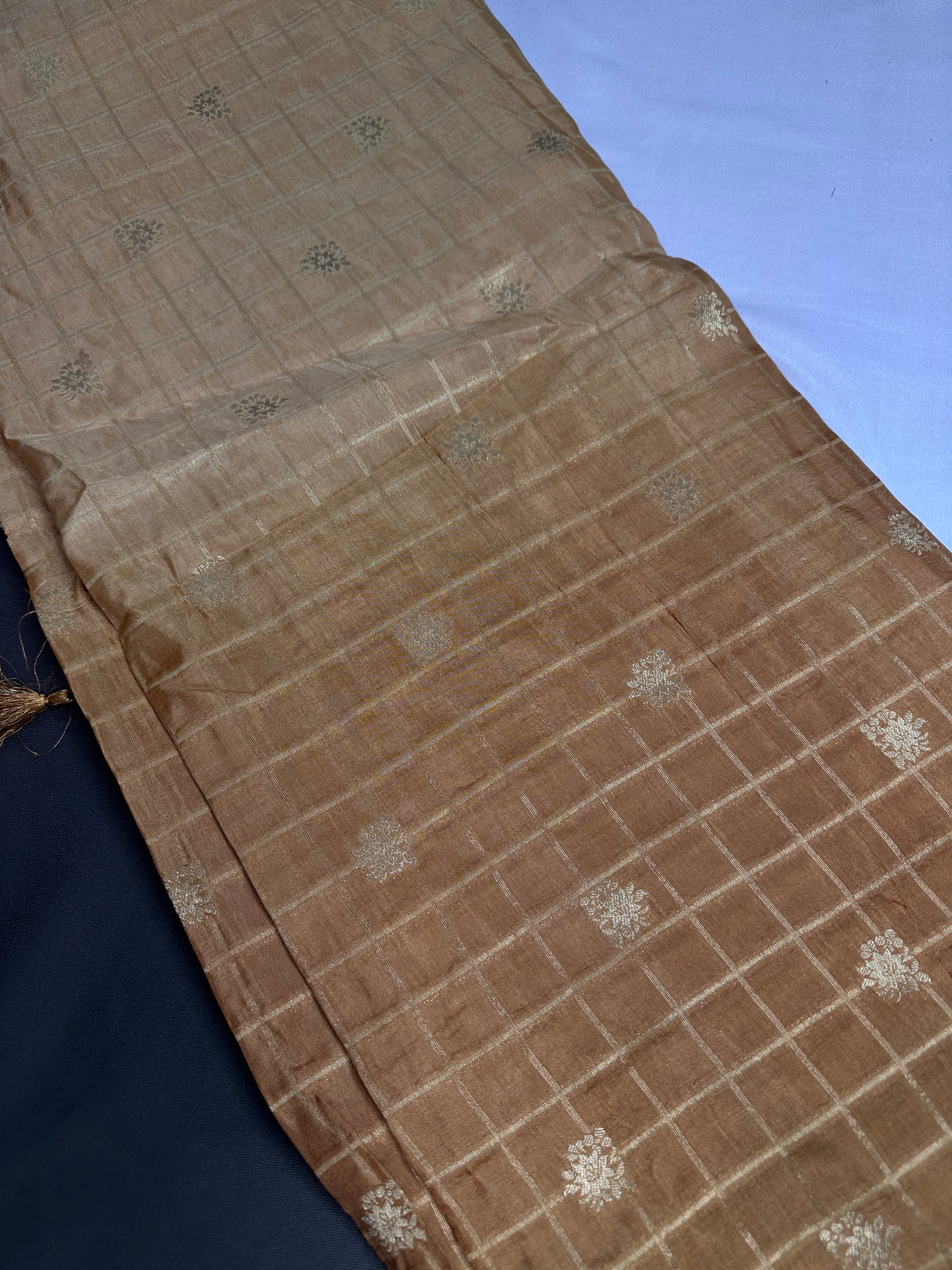Raw Mango Brown Gold Zari Checks Saree with Stitched Blouse - SR001091