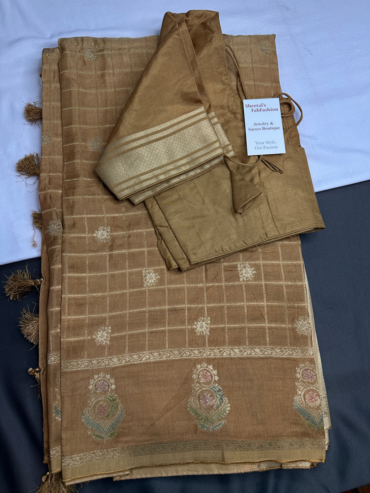Raw Mango Brown Gold Zari Checks Saree with Stitched Blouse - SR001091