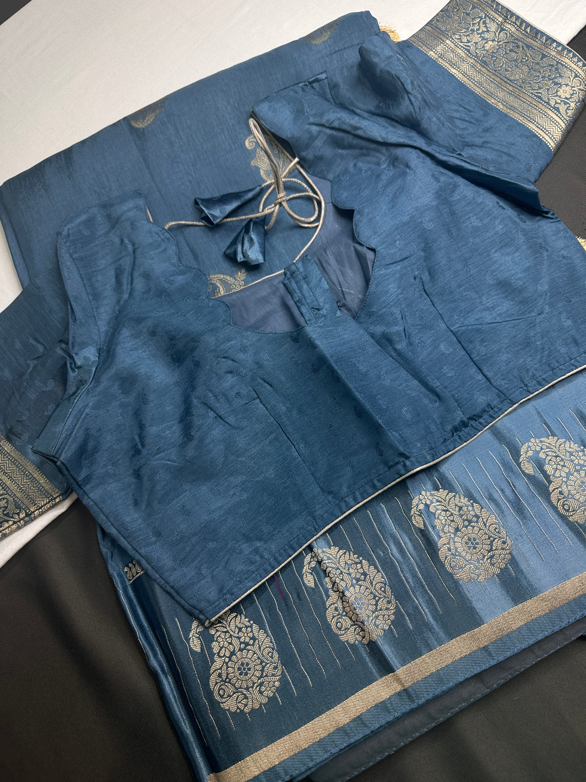 Teal Blue Pure Viscose Silk Zari Saree with Stitched Blouse - SR001092