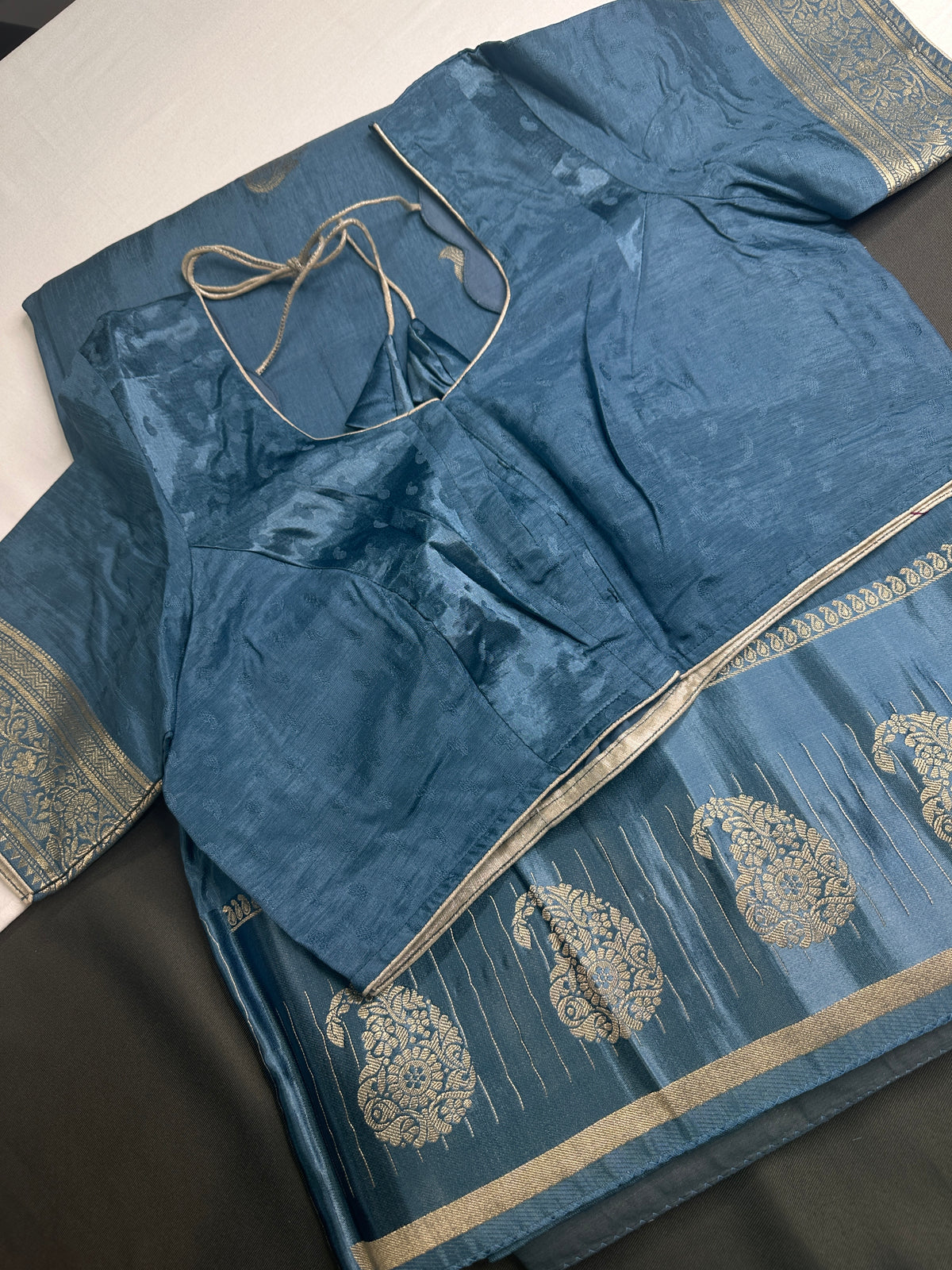 Teal Blue Pure Viscose Silk Zari Saree with Stitched Blouse - SR001092