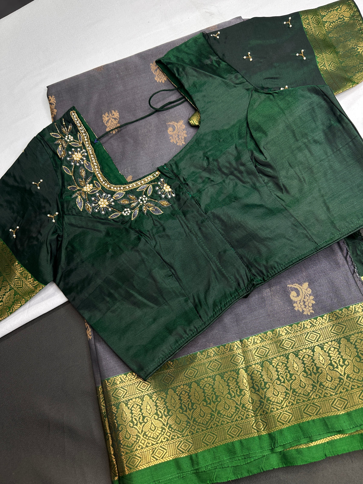 Dharamavaram Pattu Grey Green Saree - 