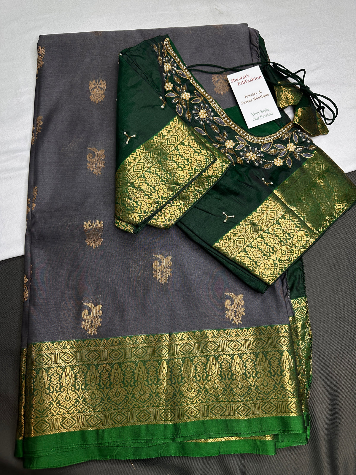 Dharamavaram Pattu Grey Green Saree - 