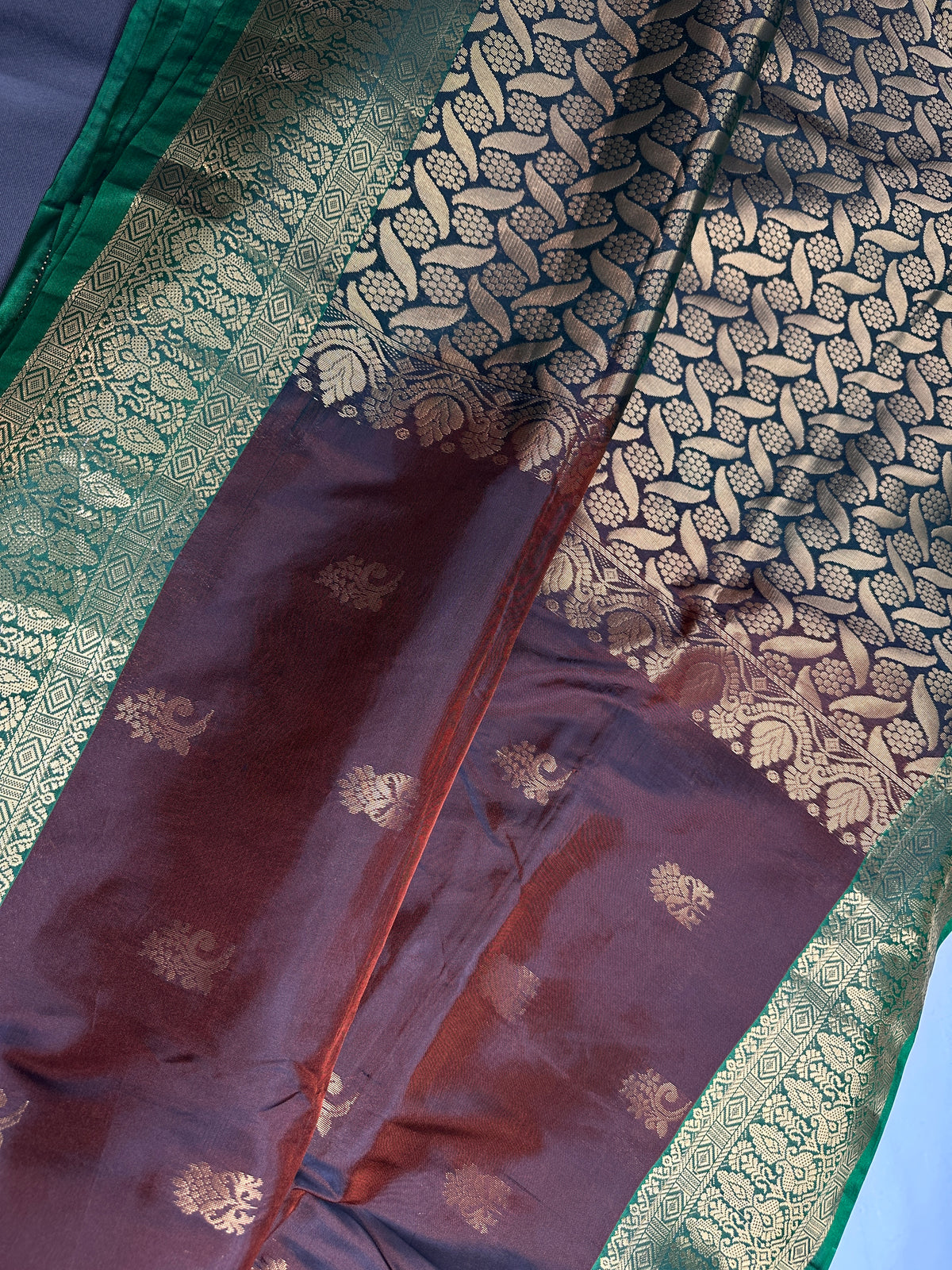 Dharamavaram Pattu Brown Green Saree - 