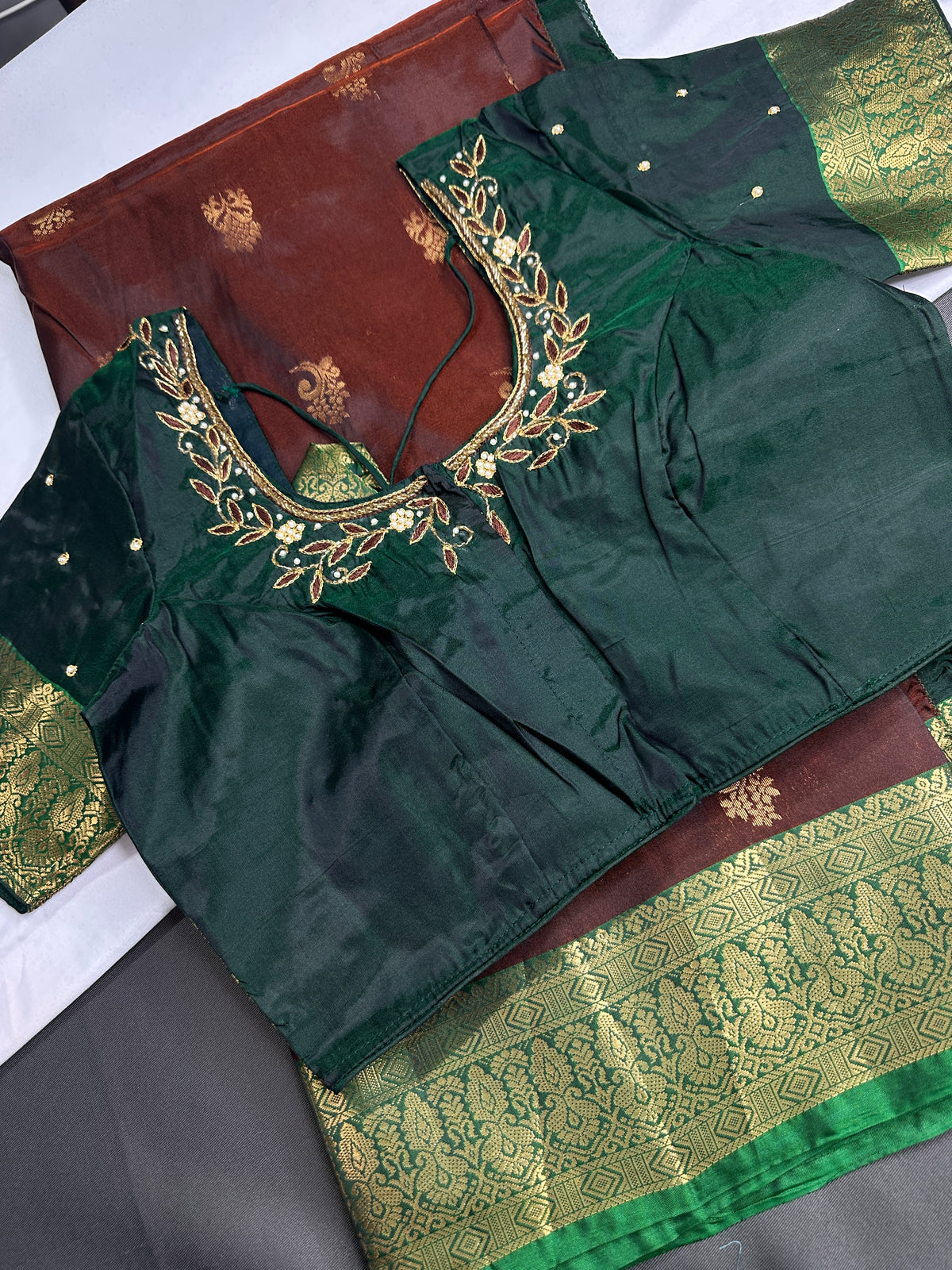 Dharamavaram Pattu Brown Green Saree - 