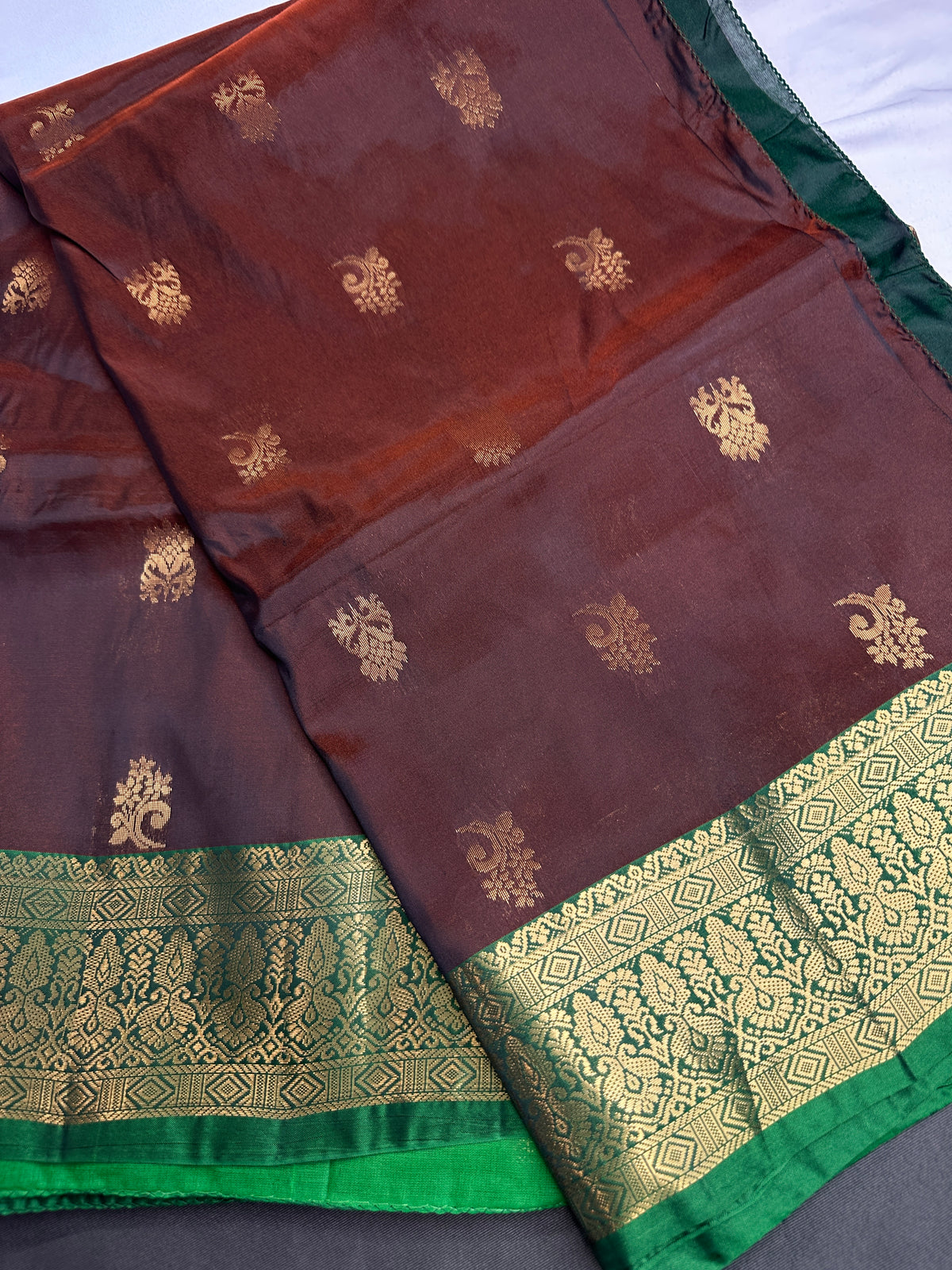 Dharamavaram Pattu Brown Green Saree - 