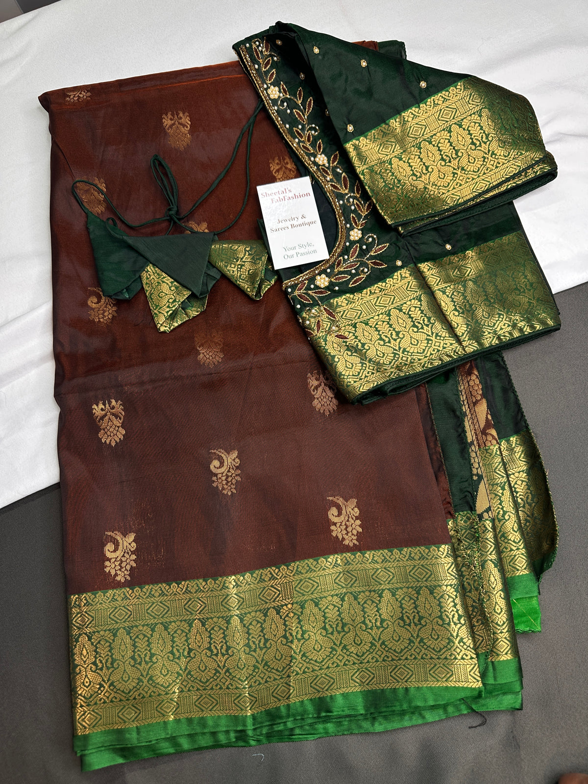 Dharamavaram Pattu Brown Green Saree - 