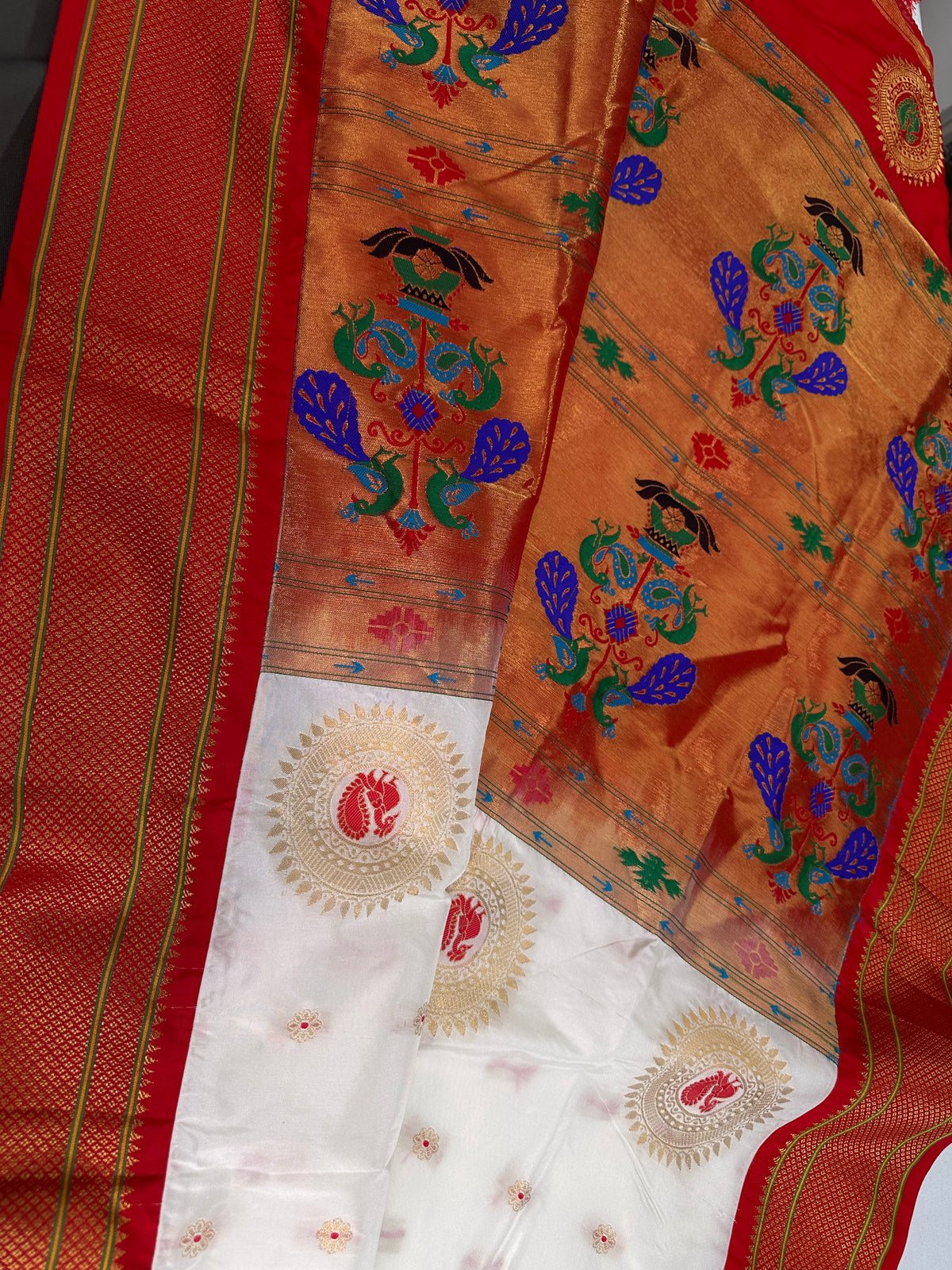 Semi Gadwal Silk Paithani White Red Saree - SR001102