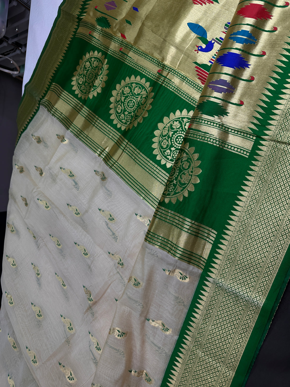 Semi Gadwal Silk Paithani White Red Saree - SR001103