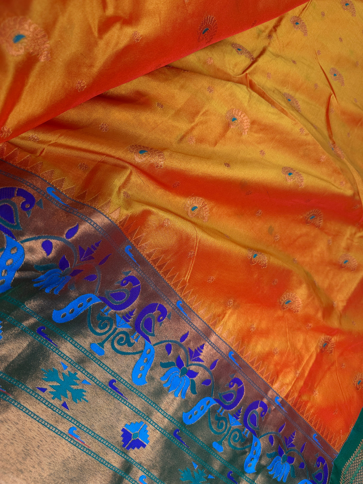 Semi Gadwal Chanderi Silk Paithani Orange Green Saree - SR001104