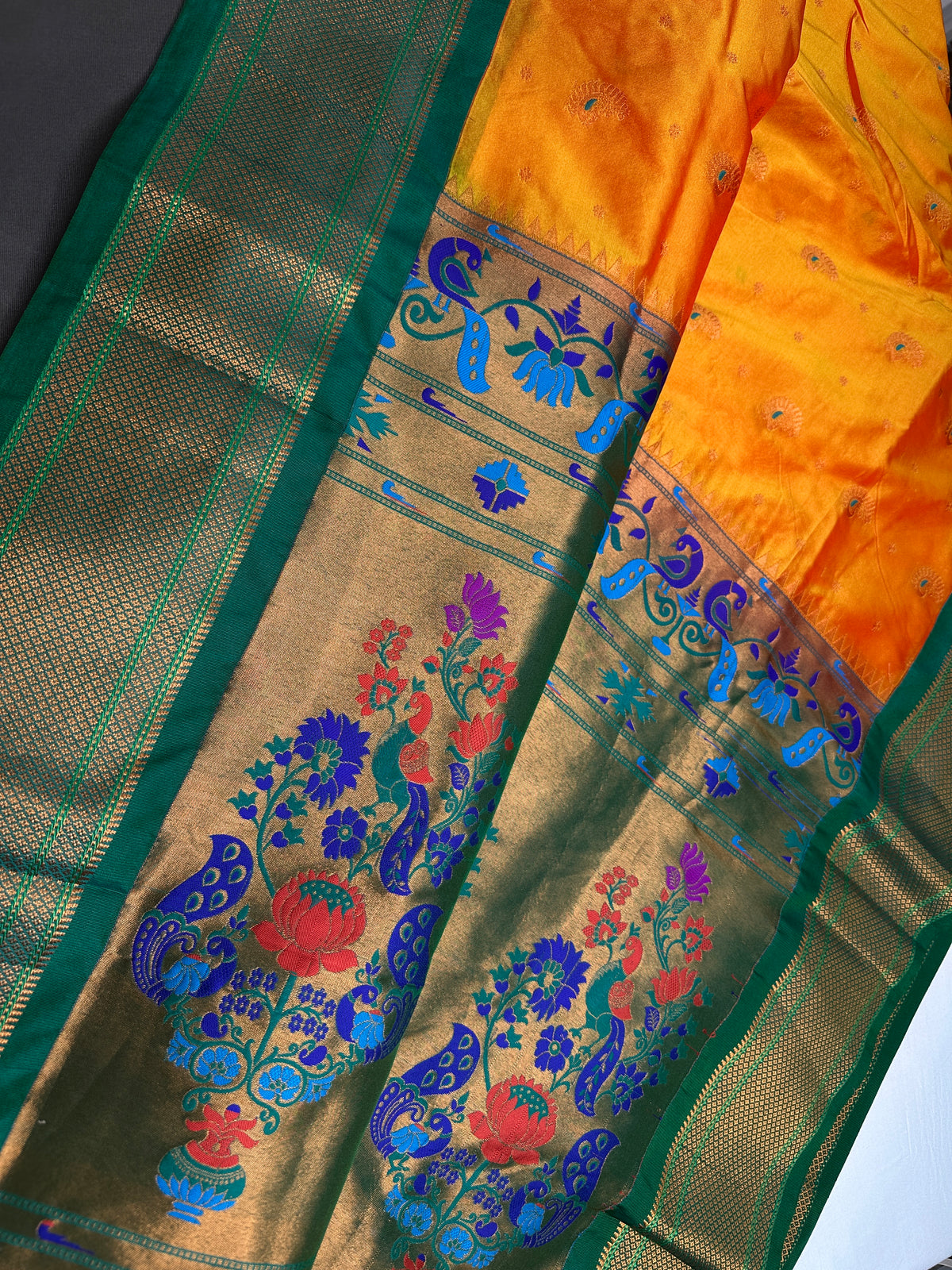 Semi Gadwal Chanderi Silk Paithani Orange Green Saree - SR001104