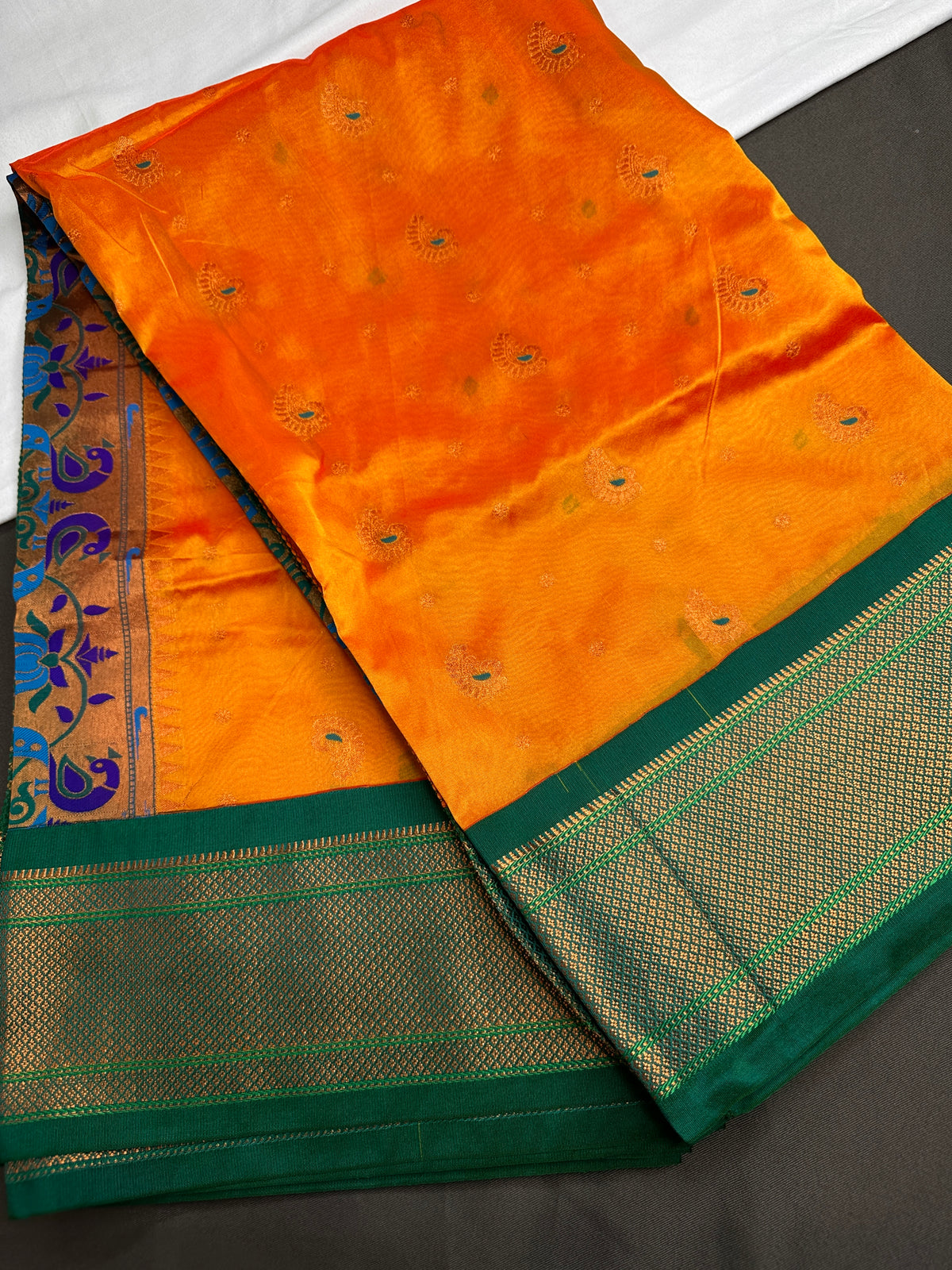 Semi Gadwal Chanderi Silk Paithani Orange Green Saree - SR001104
