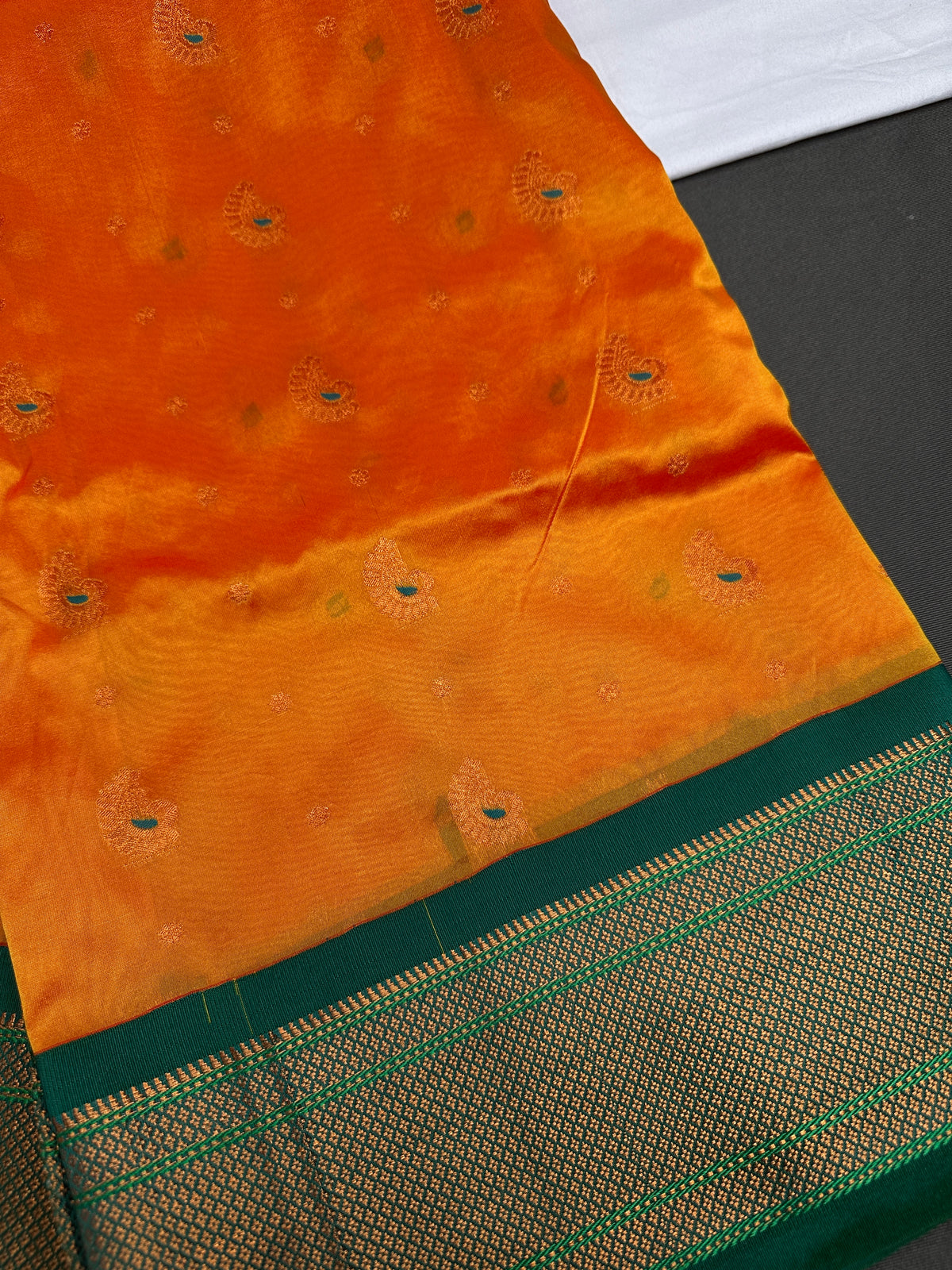 Semi Gadwal Chanderi Silk Paithani Orange Green Saree - SR001104