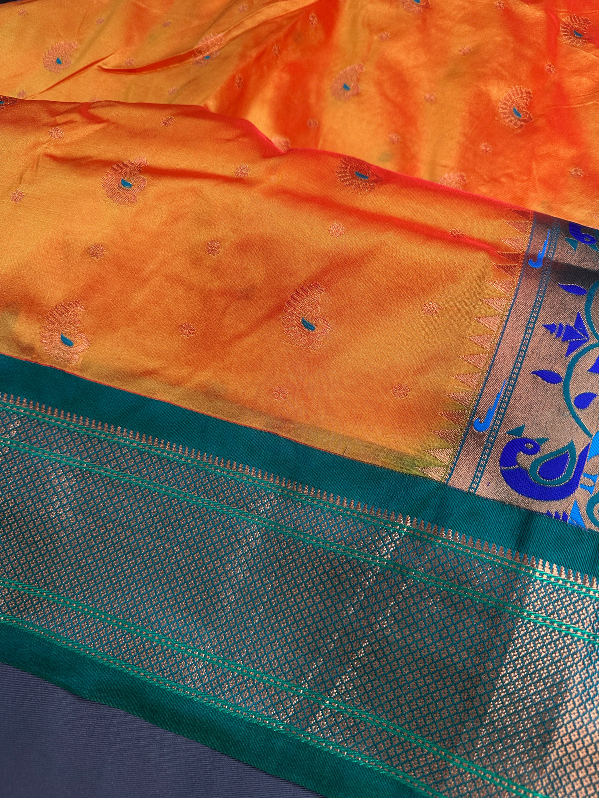Semi Gadwal Chanderi Silk Paithani Orange Green Saree - SR001104