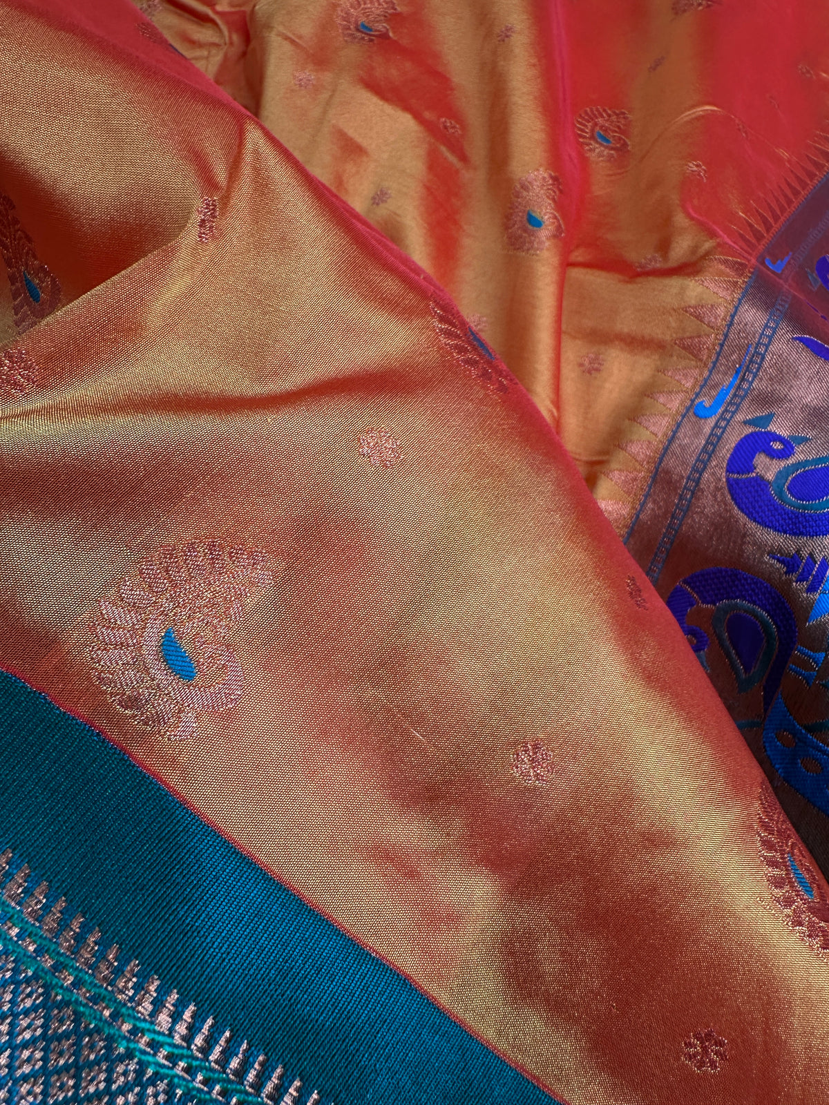 Semi Gadwal Chanderi Silk Paithani Orange Green Saree - SR001104