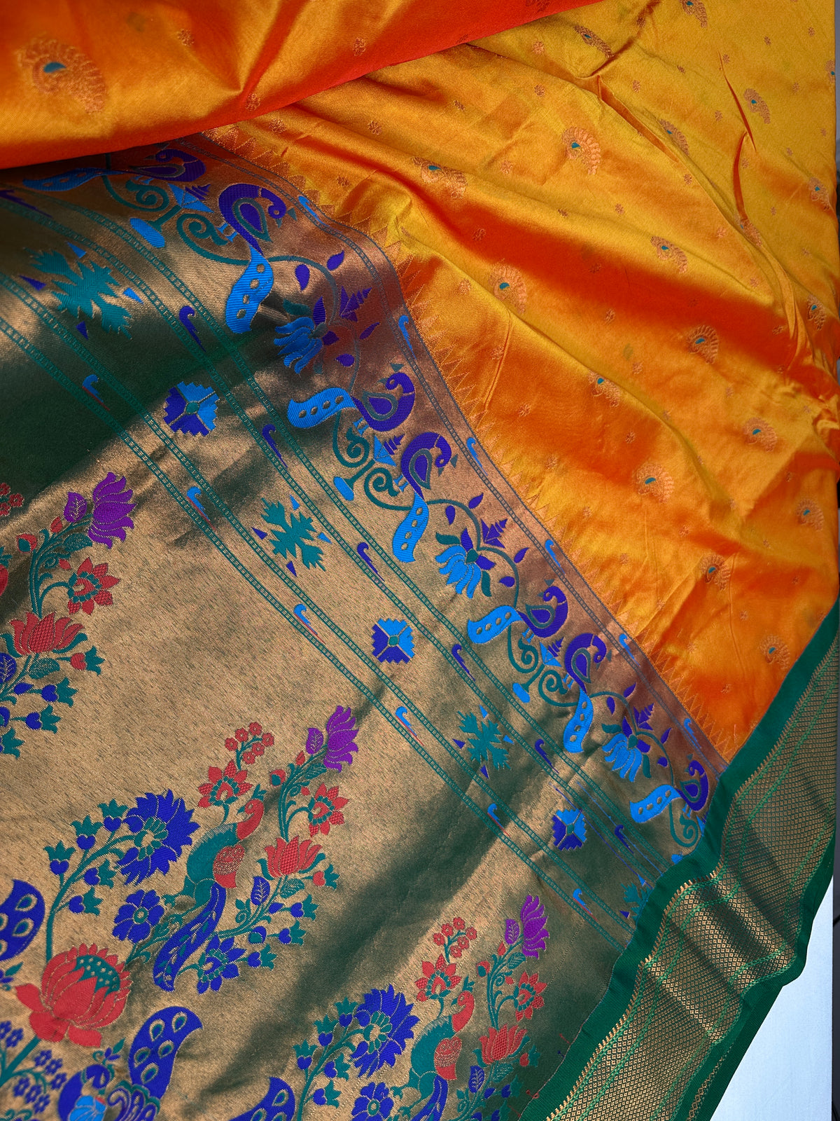 Semi Gadwal Chanderi Silk Paithani Orange Green Saree - SR001104