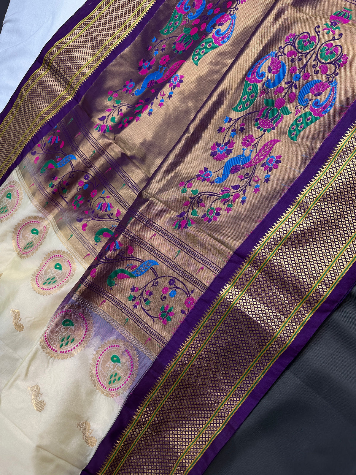 Semi Gadwal Silk Paithani Off White Purple Saree - SR001105