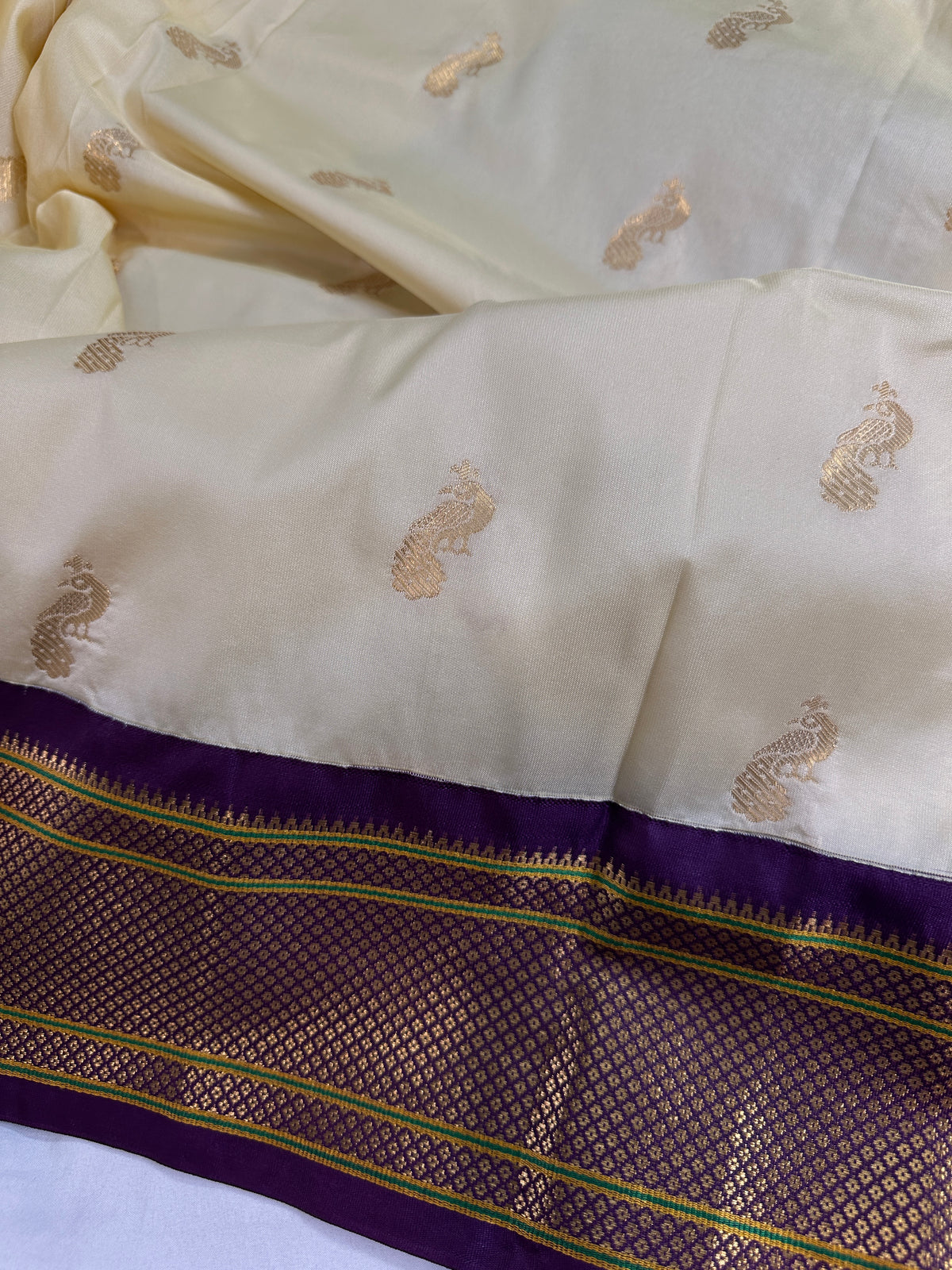 Semi Gadwal Silk Paithani Off White Purple Saree - SR001105