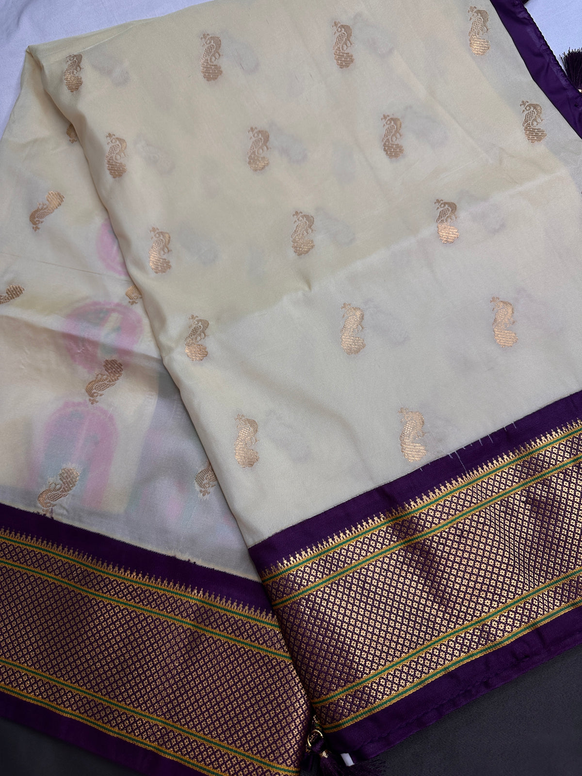 Semi Gadwal Silk Paithani Off White Purple Saree - SR001105