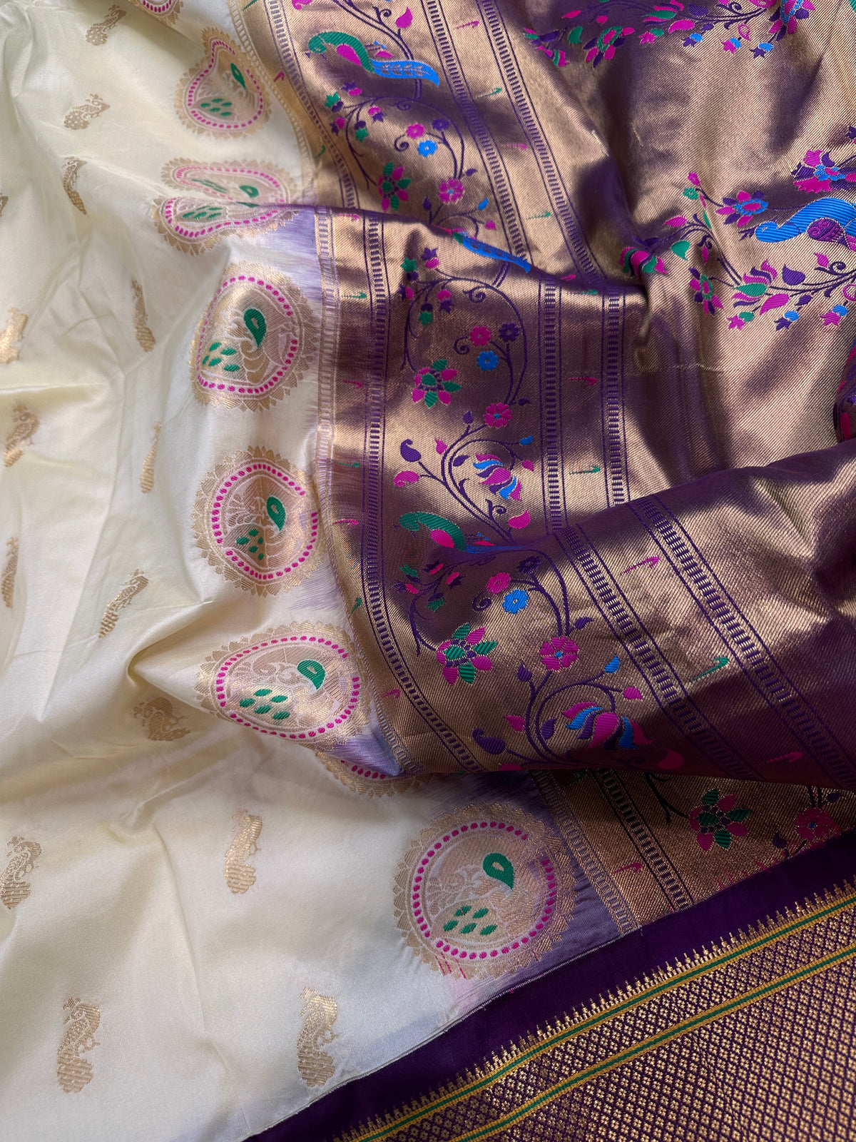 Semi Gadwal Silk Paithani Off White Purple Saree - SR001105