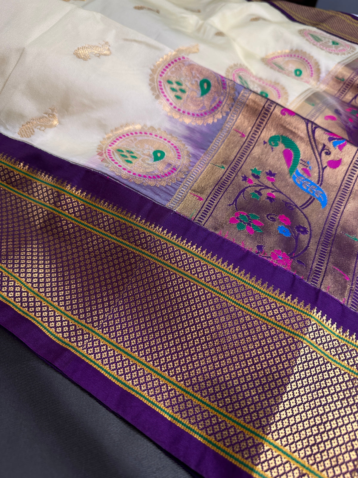 Semi Gadwal Silk Paithani Off White Purple Saree - SR001105
