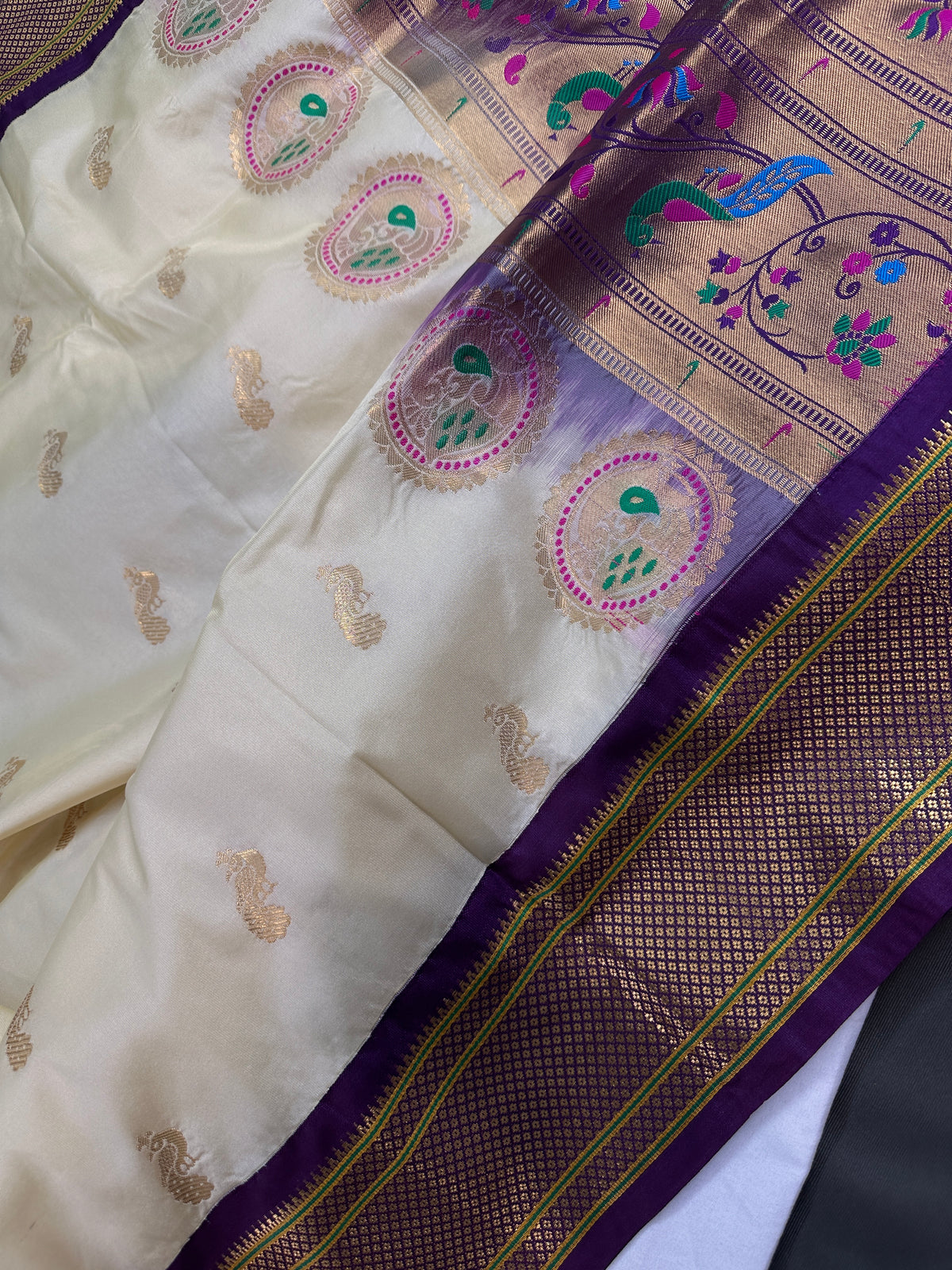 Semi Gadwal Silk Paithani Off White Purple Saree - SR001105