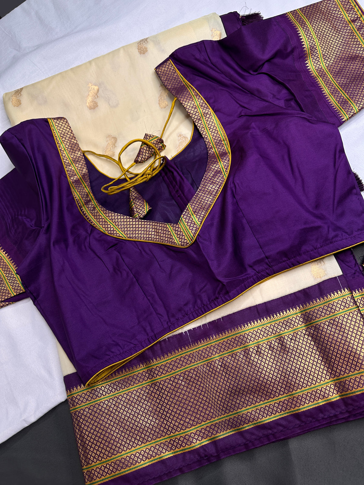 Semi Gadwal Silk Paithani Off White Purple Saree - SR001105